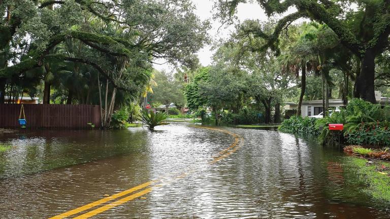 flooded street in a neighborhood